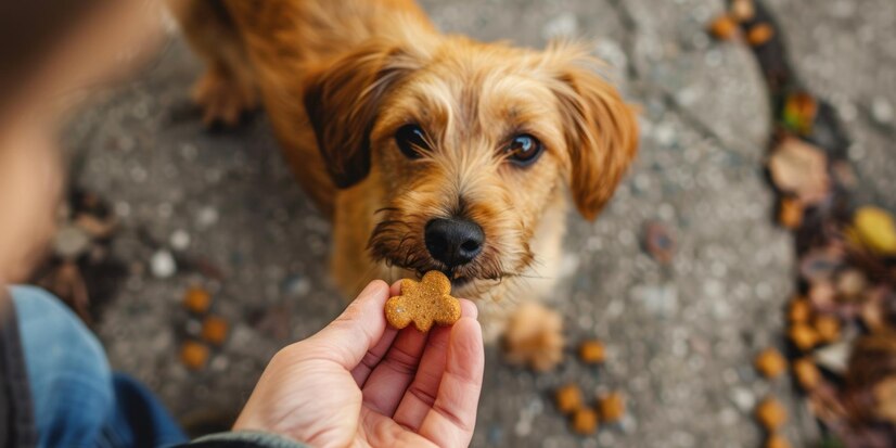 hand giving treat dog