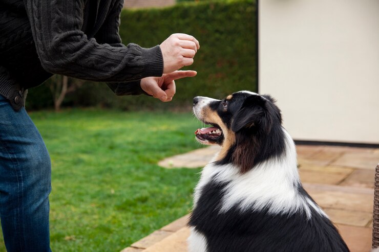 beautiful border collie dog training with owner