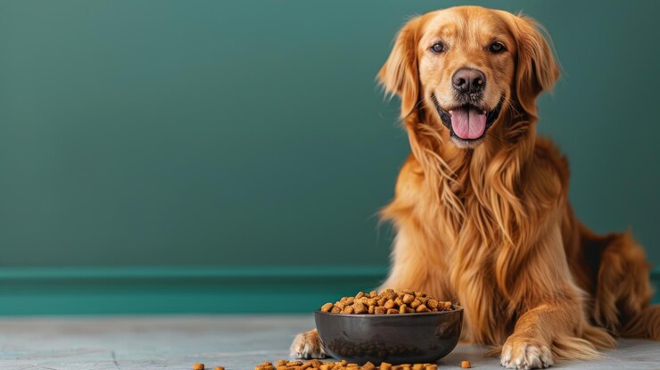 golden retriever enjoying meal from bowl