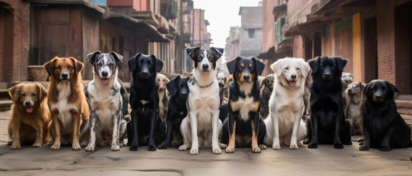 group dogs are lined up street