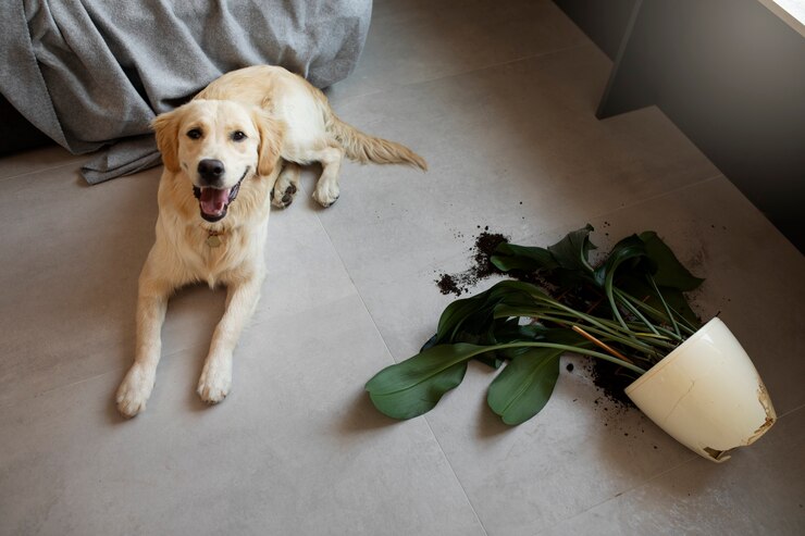 dog laying near plant